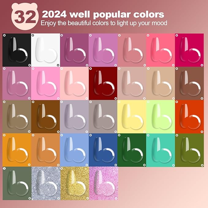 Clara Colors 32 Colors 14ml Gel Nail Polish Kit with UV Light, All In One Gel Polish Set with 48W Light Base and Matte Glossy Top Coat Essential Manicure Tools Nails Art Decorations