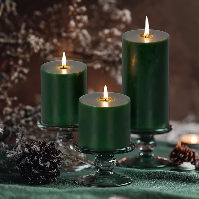 KONNI Navy Green Pillar Candles Set of 3, 3"x 6" Unscented Pillar Candles Bulk, 56 Hours Long Burning Candles, Smokeless&Dripless Large Round Candle for Wedding, Home Decoration, Parties, Spas, Dinner