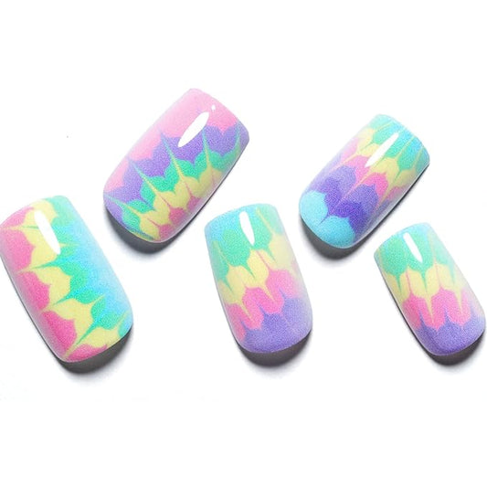 GLAMERMAID Tie Dye Press on Nails Medium Square, Colorful Ombre Light Green Pink Gel False Nals, Natural Light Color Glue on Nails Kit for Women, Reusable Stick on Acrylic Fake Nails Manicure Set