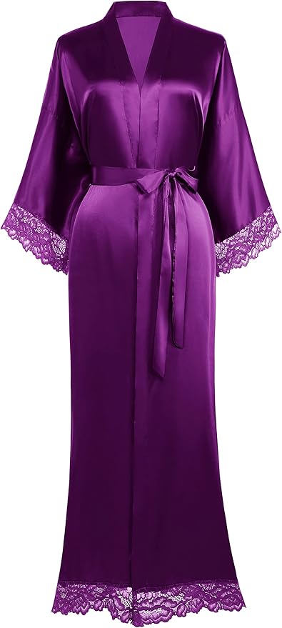 BABEYOND Satin Kimono Robe Silky Long Bridesmaid Wedding Lightweight Bath Robe with Lace Trim