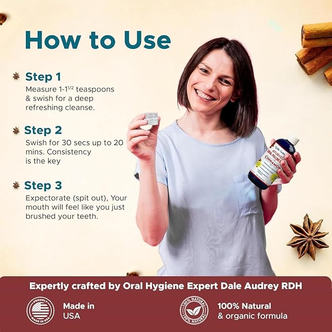 Dale Audrey Nano Hydroxyapatite Cinnamon Oil Pulling for Teeth and Gums, Alcohol & Fluoride-Free Organic Pulling Oil, Mouthwash Oral Health Rinse for Fresh Breath & Gum Care 8 FL Oz