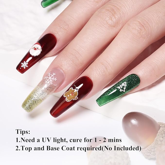 10ml Hema Free Gel Nail Polish Set, 6 Colors Cat Eye Christmas Red Jelly Dark Green Golden Silvery Color Glitter Shimmer Gel Polish Kit with Magnet Soak Off Manicure for DIY and Salon