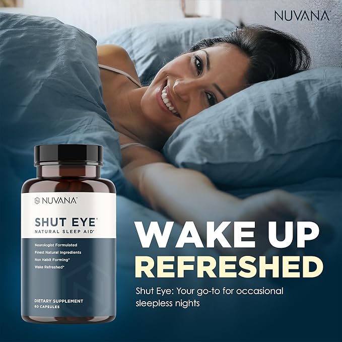 Shut Eye Natural Sleep Aid Supplement for Adults | 5mg Melatonin | Helps Relax and Promote Natural Deep Sleep with Valerian Root, Chamomile & Magnesium | Vegan & Non-GMO | 60 Capsules