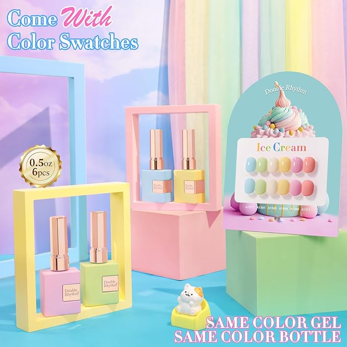Double Rhythm 6 Pcs 15 ML Gel Polish Set Same Color Same Bottle Soak Off Gel Polish Kit Nail Art Manicure Salon DIY at Home for Women (Blue Green Beige Yellow Pink Orange-T6-9)