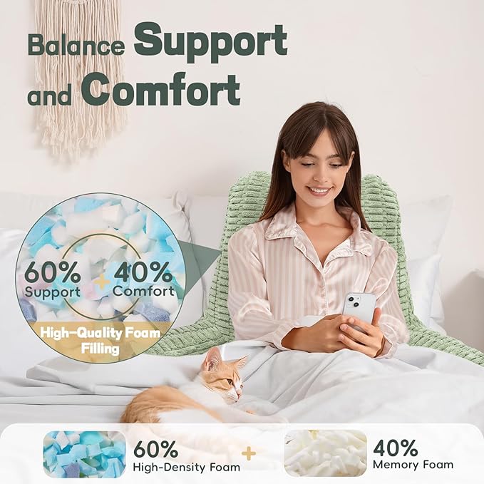 21" Higher Large Reading Pillow for Bed Adult, Back Pillow for Bed Sitting Up with Memory Foam Back Support with Arms Rest for Couch Chair Green