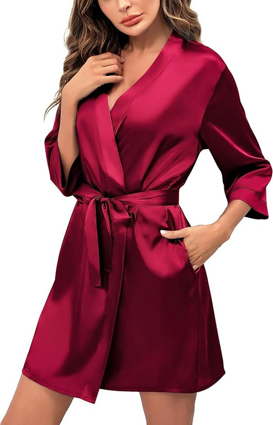 Samring Women's Bride Bridesmaids Robe Short Satin Kimono Robes for Wedding & Bridal Party Silk Bathrobes for Women