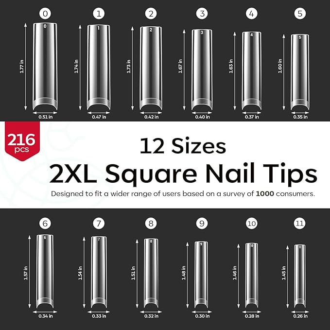 modelones Long Square Nail Tips, 2XXL Straight No C Curve Half Cover Soft Gel Tips Pre-shaped Acrylic Fake Nails False Clear Press on Extension Gel Kit Manicure DIY at Home 216PCS 12Sizes