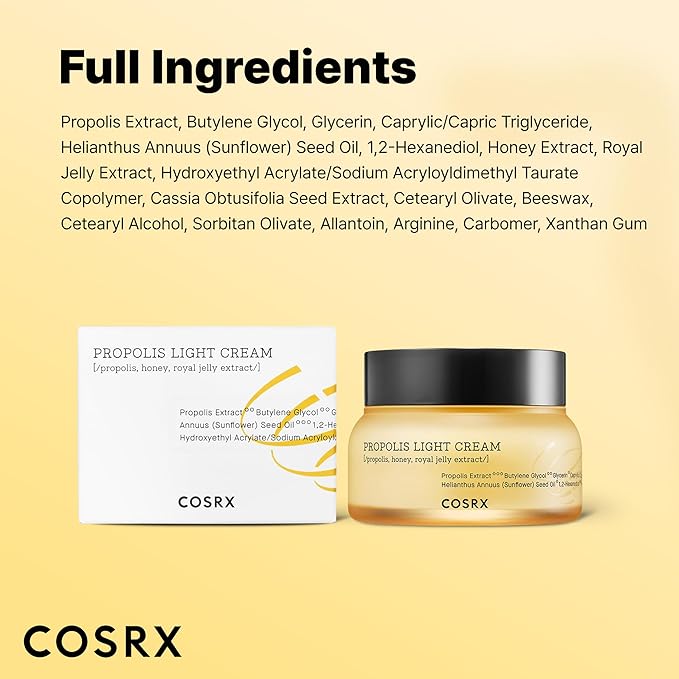 COSRX Full Fit Propolis Light Cream, 2.19 Fl.oz / 65ml, Propolis 64.5%, Hydrating Daily Day and Night Moisturiser, Korean Skin Care, Not Tested on Animals, Paraben Free