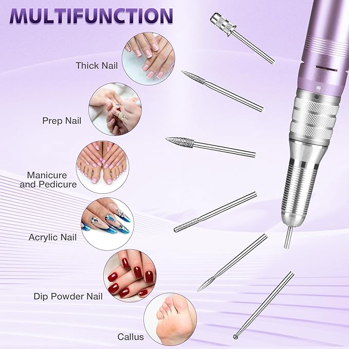 Professional Nail Drill Machine, HoMove 35000RPM Portable Nail Drills, Rechargeable Efile Nails Drill, Low Heat Electric Nail File for Acrylic Gel Nails（Violet）
