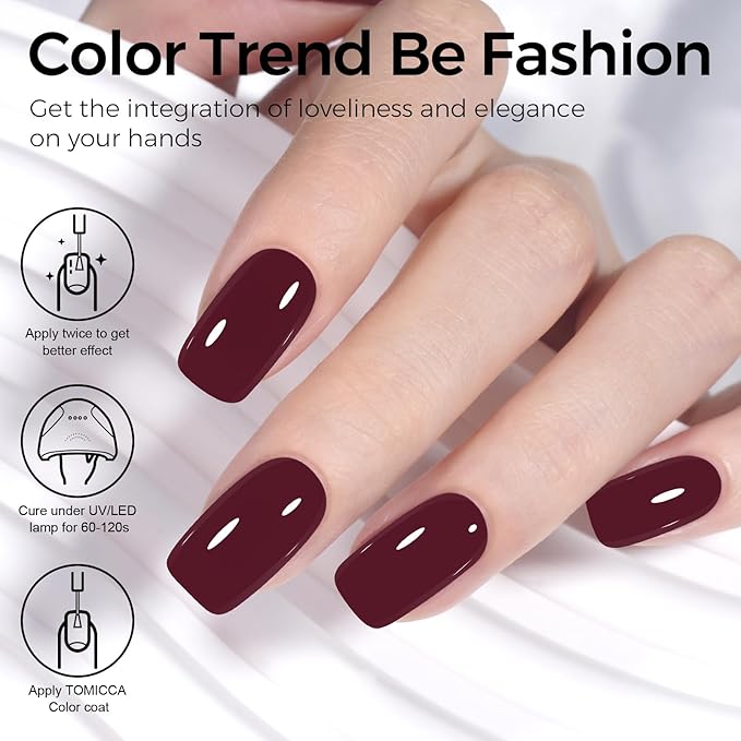 TOMICCA Cherry Red Gel Nail Polish, 15ml Dark Red Gel Polish Soak Off UV LED Cure Needed Color Long Lasting High Saturation and Glossy Nail Art Manicure Salon DIY Design