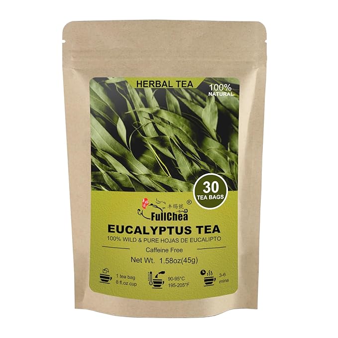 FullChea - Natural Eucalyptus Tea Bag 30 Teabags, 1.5g/bag - Premium Hojas de Eucalipto - Non-GMO - Caffeine-free - Boost Respiratory Health