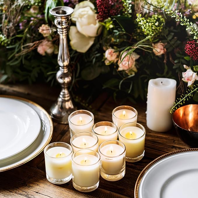 48 Pack White Unscented Clear Glass Filled Votive Candles. Hand Poured Wax Candle Ideal Gifts for Spa Weddings Birthdays Holidays Party