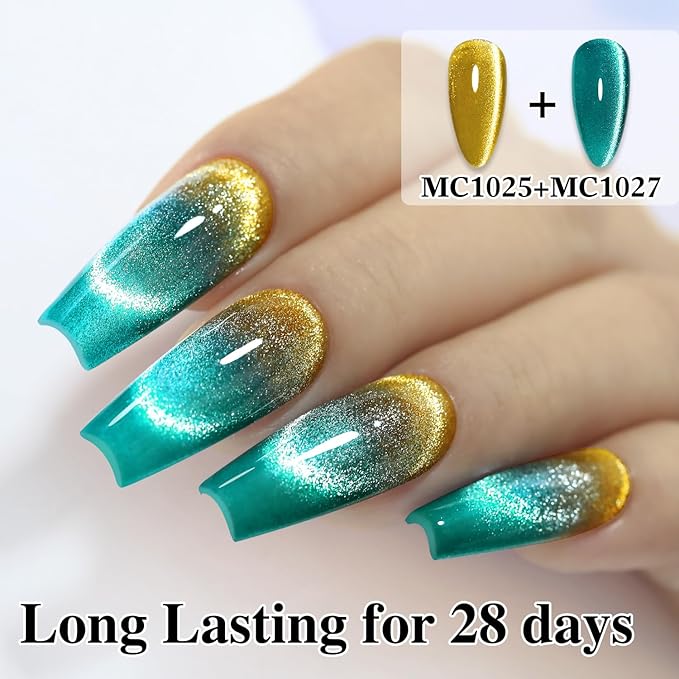 Double Rhythm 0.5 OZ Cat Eye Gel Polish with Magnet 15ML Holographic Glitter Shimmer Translucent Jelly Color Magnetic Gel Polish Salon DIY at Home (Teal-MC1027)