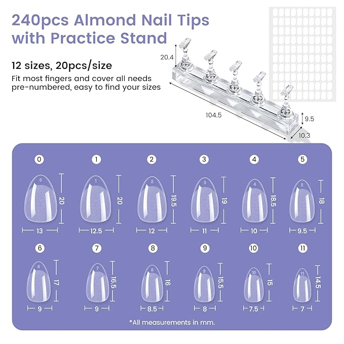 Extra Short Almond Nail Tips: 240Pcs Small Almond Shape Soft Gel Fake Nail Tips with Nail Stand, 12 Sizes Full Cover Clear Press on Nails for Girls for Home DIY Salon