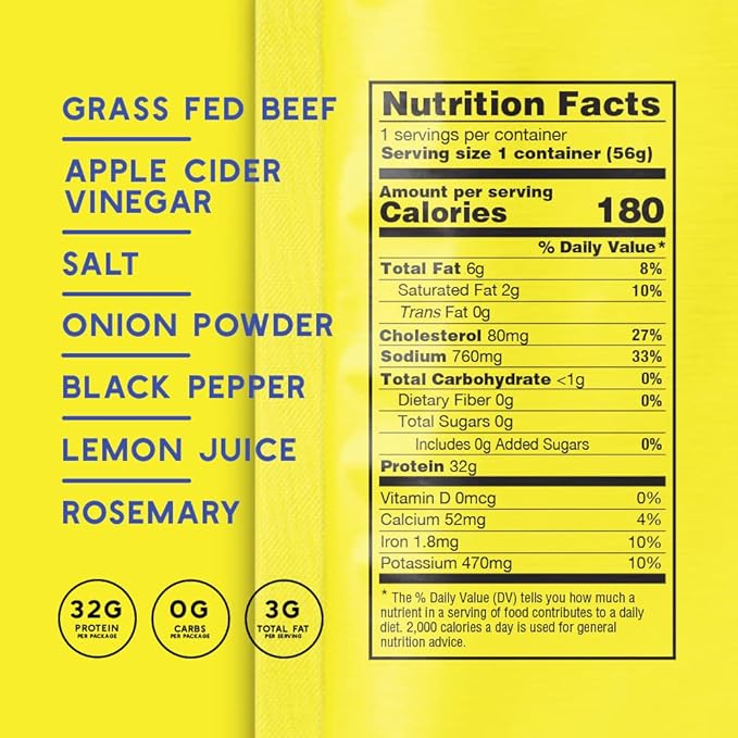 Brooklyn Biltong Air Dried Grass Fed Beef Snack (2 oz, Pack of 8) - Whole30 Approved, Paleo, Keto, Gluten Free, Sugar Free, Made in USA (Lemon Pepper)