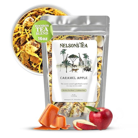 Nelson's Tea - Caramel Apple - Rooibos Loose Leaf Tea - Caffeine Free - Red Rooibos, cinnamon chips, caramel chips, dried apples, and marigold - 16 oz