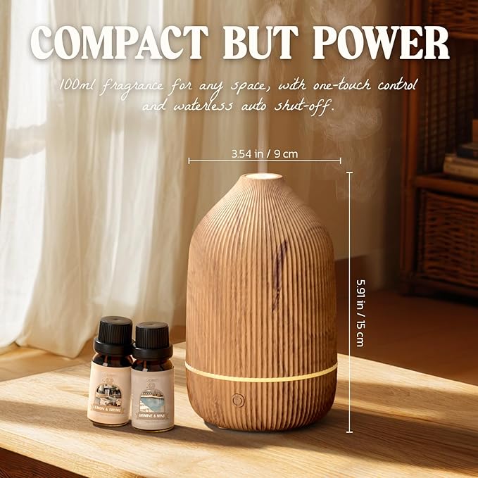 Essential Oil Diffuser, 100ml Aromatherapy Diffuser, Mini Ultrasonic Diffuser for Essential Oil, Home, Office, Cool Mist Humidifier with 7 Led Light, Auto Shut-Off, Wood Grain