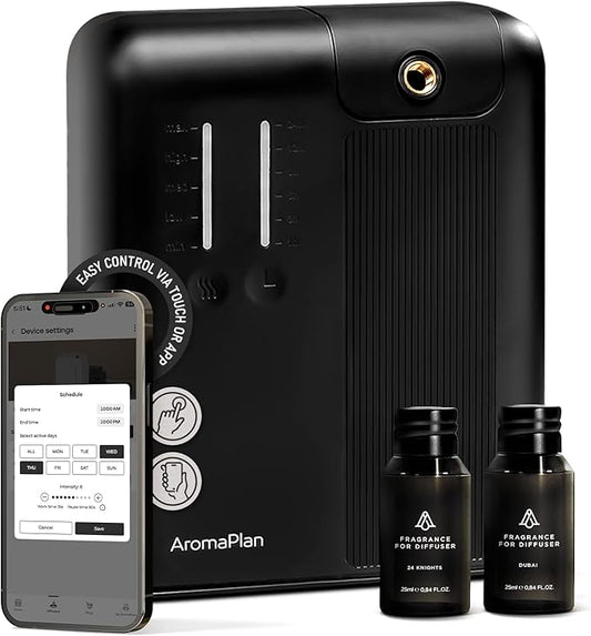 AromaPlan 2025 HVAC Waterless Oil Diffuser, Smart Scent Air Machine (2 Fragrances Included)- Whole House & Commercial Hotel Collection Diffuser| Cold Air Tech, App & Tourch Control,2000 Sq. Ft -Black