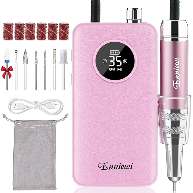 Nail Drill Kit Professional 35000RPM, Cordless Electric Nail File Drills Machine Uñas, Portable Rechargeable Efile 7 Bit Manicure Pedicure for Acrylic Nails Gel Remover Salon Home Tools, Pink