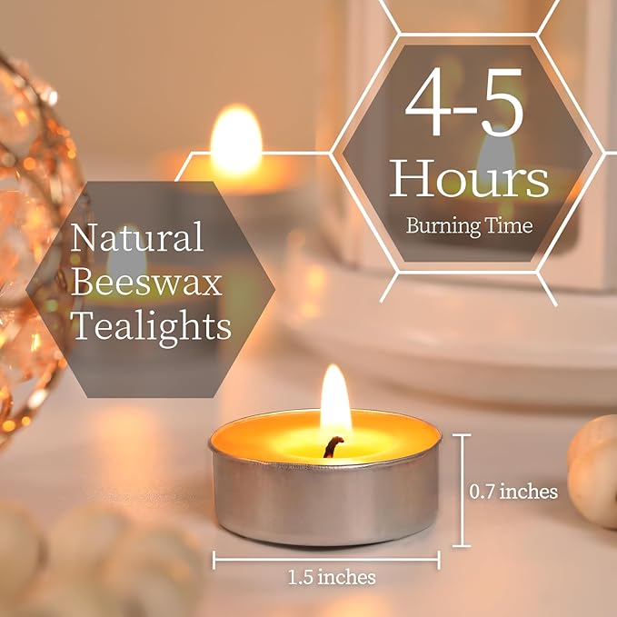 50 Packs Beeswax Tealight Candles, Pure Beeswax Tea Lights Candle, Natural Organic Tealights Candles Unscented Smokeless Clean Burning with 4 Hour Burn Time
