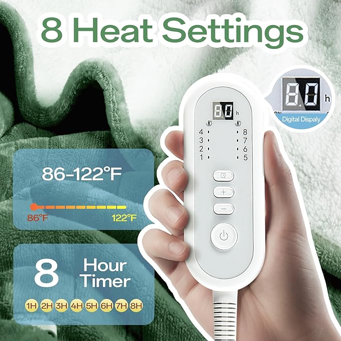 Electric Blanket Heated Throw, Flannel＆Sherpa Heated Blanket with 8 Heat Levels & 8 Hours Auto Off, Fast Heating Blankets Machine Washable with ETL Certification, 50x60 Inch, Green