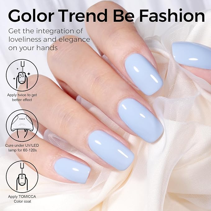 TOMICCA Baby Blue Gel Nail Polish - Pastel Blue, Bright Spring Summer Colors, Long Lasting Cotton Candy Finish