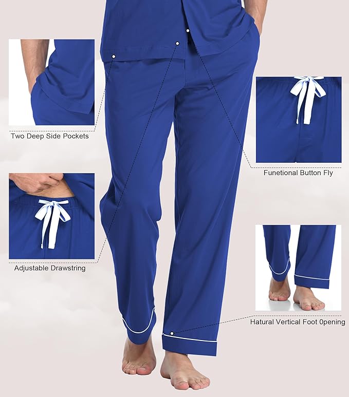COLORFULLEAF Men's 100% Cotton Pajamas Set Button Down Sleepwear Short Sleeve and Long Pants Pjs