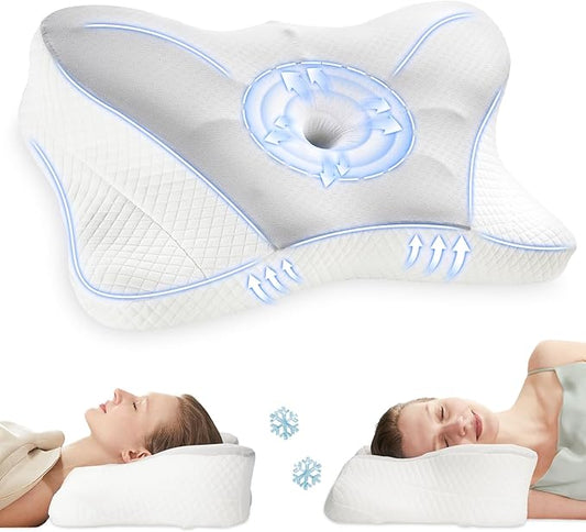 DUMOS Cervical Neck Pillow, Cooling Memory Foam Contour Pillow with Arm Rest Slot and Ice Silk Pillowcase, Ergonomic Dual-Height Orthopedic Support for Side, Back, and Stomach Sleepers, Grey