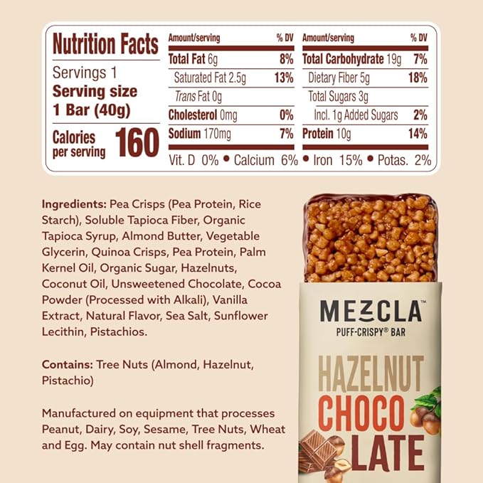 Mezcla Puff Crispy Protein Bars, Gluten Free & Vegan Protein Bars, 10g Protein, Alt for Crispy Rice Treat, Granola Bars & Breakfast Bars, Healthy Snacks for Adults, Hazelnut Chocolate, 12 Pack
