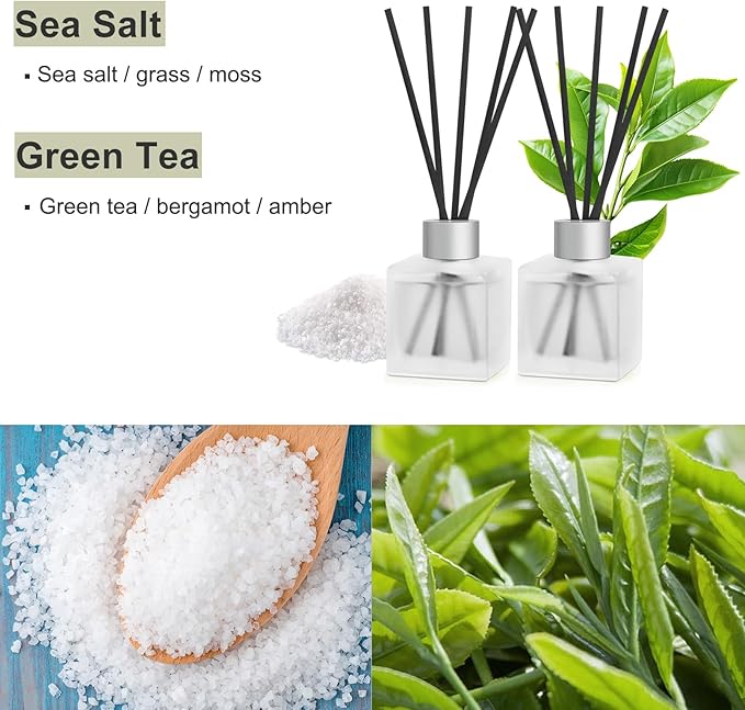 Reed Diffuser, Sea Salt & Green Tea Scented Oils, 100ml Air Freshener Essential Oil Set with Diffuser Sticks, Long Lasting Home Fragrance for Bedroom Office Shelf Bathroom Decor (2-Pack)