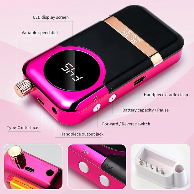LIMEGIRL Professional Electric Nail Drill Kit 45000RPM Portable Cordless Toenail Cordless Toenail Machine with 14 Drill Bits and Base for Women(Rose Red)