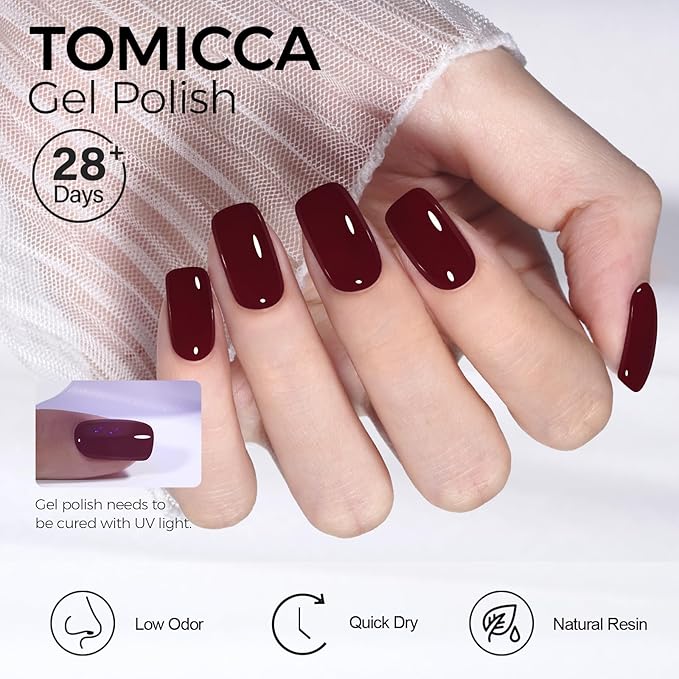 TOMICCA Cherry Red Gel Nail Polish, 15ml Dark Red Gel Polish Soak Off UV LED Cure Needed Color Long Lasting High Saturation and Glossy Nail Art Manicure Salon DIY Design