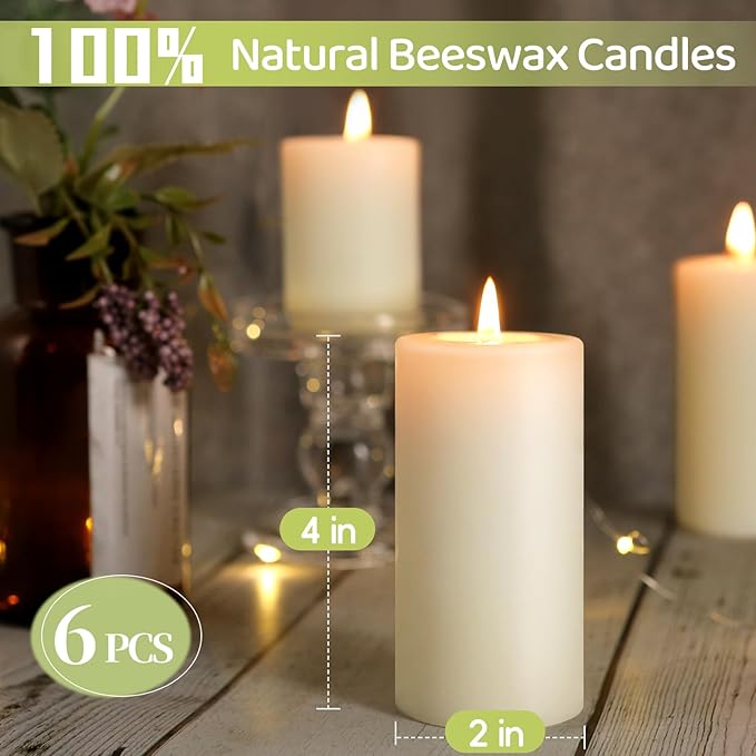 Natural Beeswax Pillar Candles,100% Pure Beeswax Candles-258 Hours Long Burning,Off-White Unscented Bees Wax Candles for Home,Prayer,Dripless Smokeless Organic Pillar Candles Bulk-2x4in-6 Pack