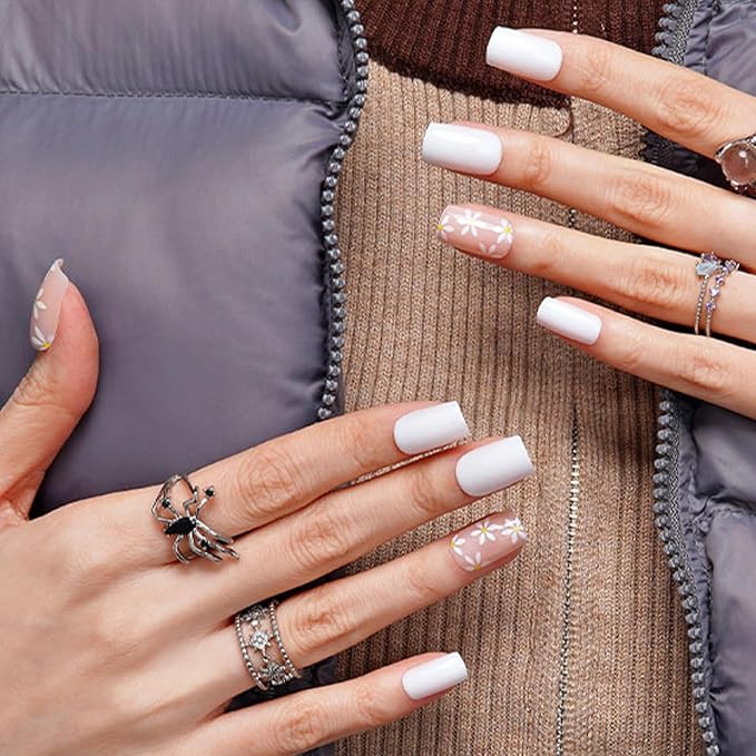 GLAMERMAID White Press on Nail Medium Square, Jelly Nude Soft Gel Nails Square Fake Nail with Flowers Design, Glossy Stick Glue 0n Nail Kit for Women, Reusable Stick on Acrylic Fake Nail Manicure Set