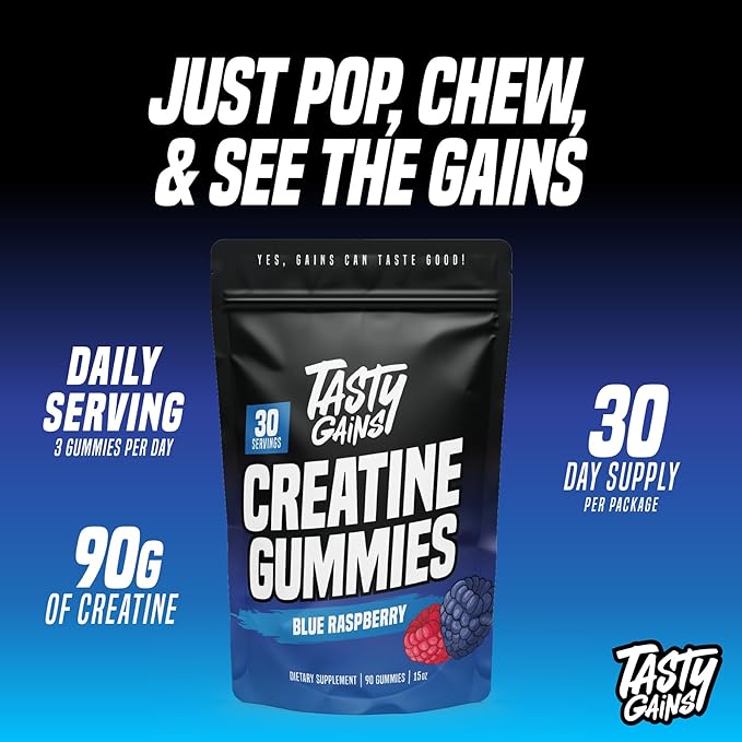 TASTY GAINS Creatine Gummies - 90g of Creatine Monohydrate - Workout Supplements - Build Muscle & Boost Strength for Men & Women - Made in USA - Non GMO - Vegan Friendly (Large, Blue Raspberry)