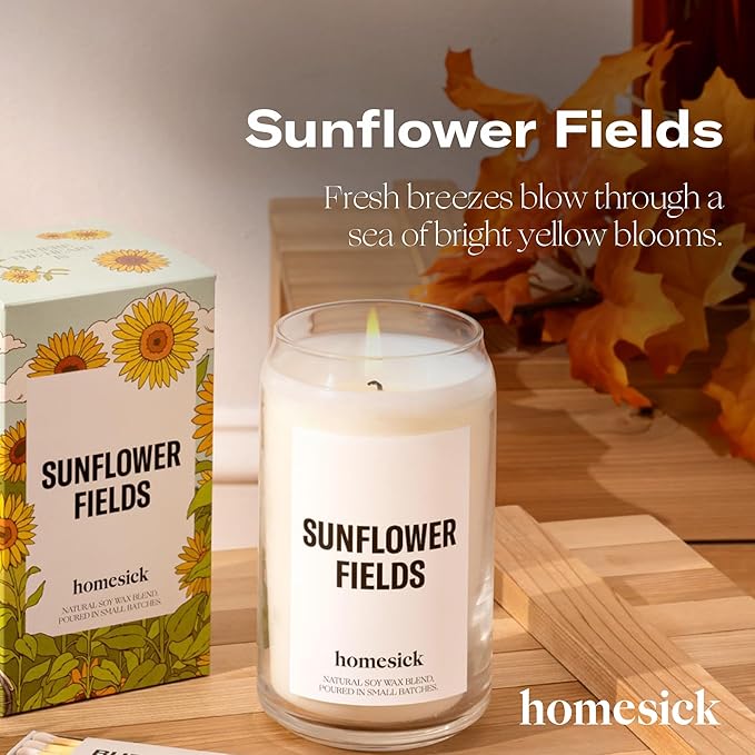 Homesick Scented Candles for Home (Sunflower Fields) - 13.75 oz Long-Lasting Natural Soy Wax Blend Jar Candle Gifts for Women & Men, 60-80 Hours Burn Time - Notes of Grass, Lemon & Lime
