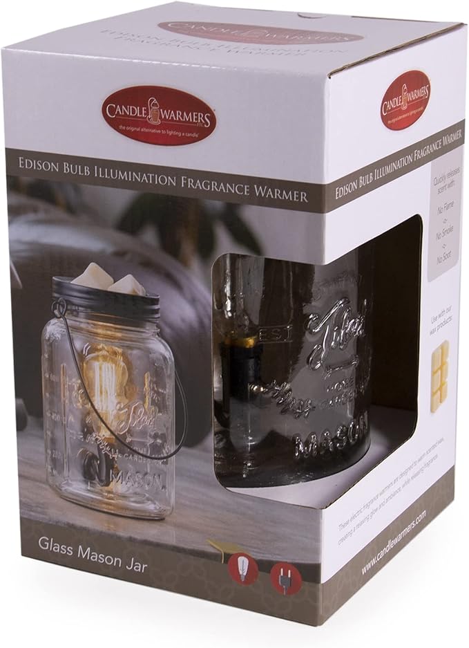Candle Warmers Etc. Vintage Style Bulb Fragrance Warmer- Light-Up Warmer for Warming Scented Candle Wax Melts and Tarts or Essential Oils to Freshen Room, Clear Mason Jar