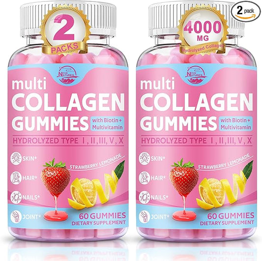 Multi Collagen Peptides Gummies, Type I, II, III, V, X - Hydrolyzed Collagen Peptides with Biotin, Hyaluronic Acid, Supports Healthy Skin, Strong Nails & Thick Hair, 60 Count, 2 Pack