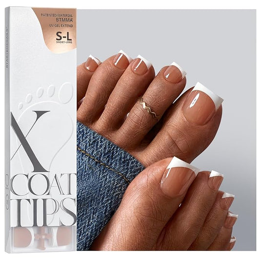 BTArtboxnails XCOATTIPS Toe Nail Tips - Lamp-Curable Real Square Brown Press On Toenails for Women, 150 Soak Off French Tip Toe Nail Extensions in 15 Sizes, Builder Gel & Top Coat Required