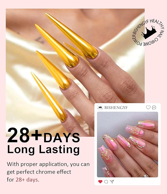 Gold Chrome Nail Powder 24K Mirror Effect BISHENGYF - Pink Gold Nail Chrome Powder Aurora Mermaid Mirror Effect POwder, White Pearl Iridescent Holographic Metallic Pigment Dust for NAil Art Decoration