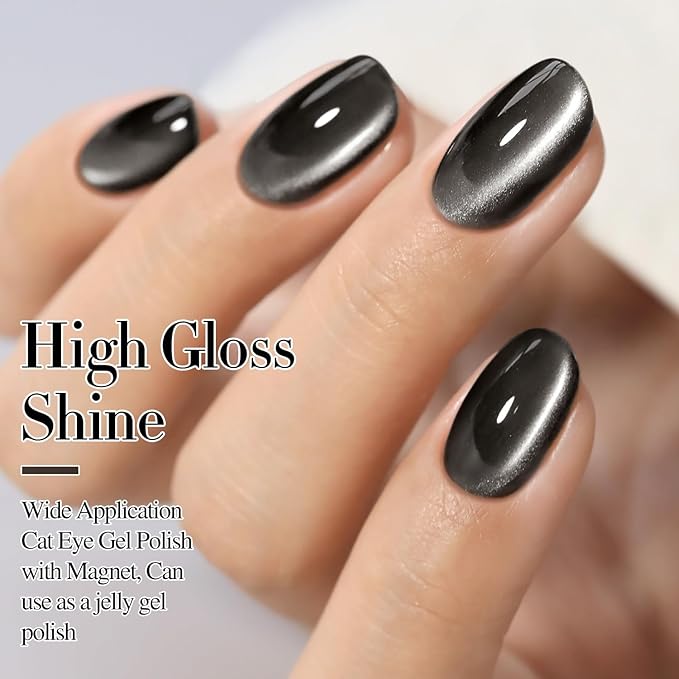 Double Rhythm Jelly Glass Cat Eye Gel Polish with Magnet 15ML Holographic Glitter Shimmer Translucent Sheer Color Magnetic Nail Polish Salon DIY at Home (Jelly Black-MC1115)