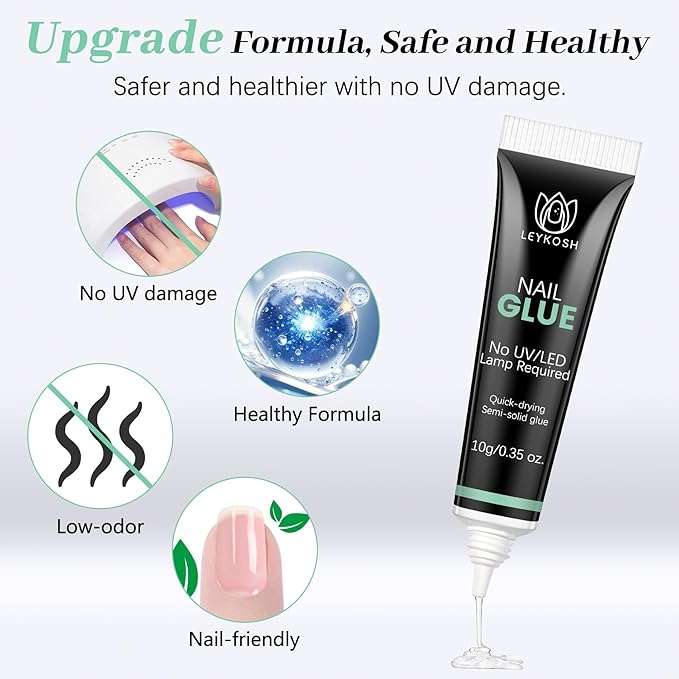 Nail Glue for Press Ons, 10s Fast-Drying No U V Light Needed - Upgrade Super Strong Semi Solid Nail Glue Last Up to 28+ Days & Easy to Remove, 10g*2 High Capacity Suitable for Fake & Acrylic Nail Tips