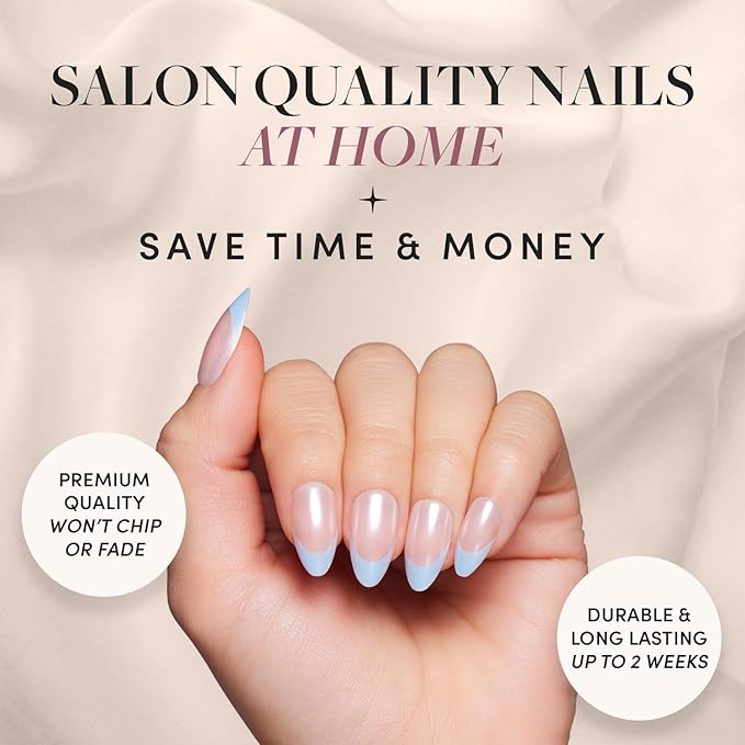 Glamnetic Press On Nails - Blueberry Icing | Short Almond Baby Blue French Tip Nails with a Glaze Finish | 15 Sizes - 30 Nail Kit with Glue