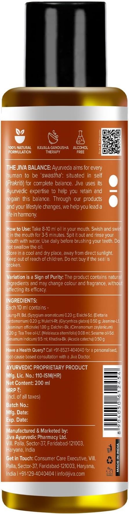 Jiva Oil Pulling 200ml | Ayurvedic Oil for Oil Pulling Deep Cleanses Mouth, Removes Toxins | Prevent Bad Breath, Alleviates Toothache & Sensitivity (Pack of 1)