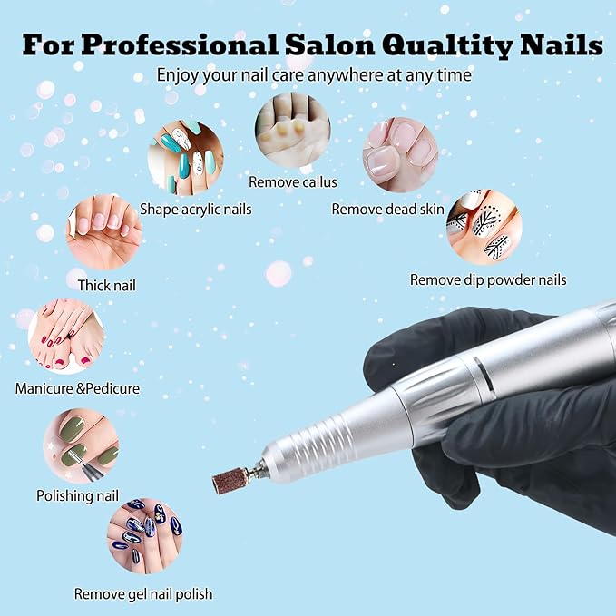 Professional Nail Drill File 45000RPM Electric Portable Nails Drills Kit with Rechargeable 7 uñas Bits Cordless Efile for Poly Gel Acrylic Nails Remover Home Salon Pedicure Manicure Tool (White)