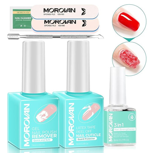 Morovan Gel Nail Polish Remover Kit: Gel Polish Remover with Liquid Latex Tape Nail Strengthener Nail Tools Quick Remove Gel Nail Polish in 3-5 Minutes No Need to Warp & Soak