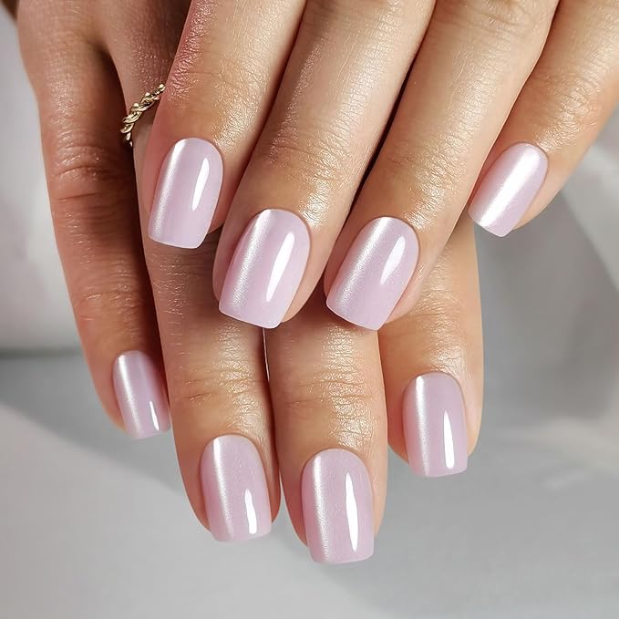 Pink Cat Eye Press on Nails Square - Soft Gel Press on Nails Short for Women Gift, Fit Perfectly & Natural Stick on Nails with Glue in 16 Sizes - 32 Reusable Fake Nails, Light Pink