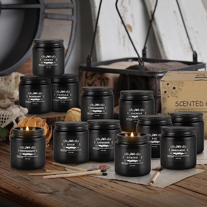 12PCs Black Scented Candles - Aromatherapy Candle Set, Soy Wax Candle for Home Camping & Garden, Christmas Gifts for Men or Women Indoor Outdoor, 3.05 Ounce Each