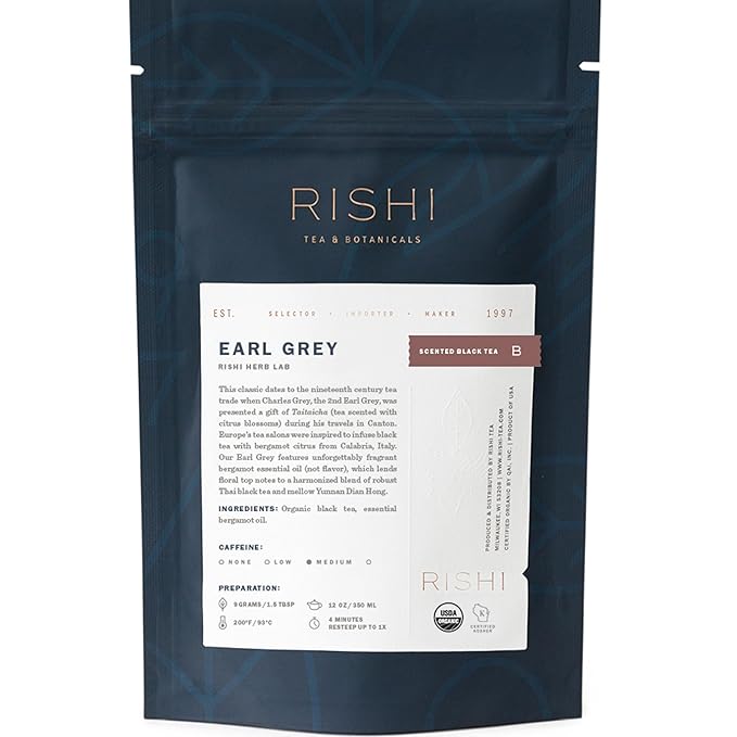 Rishi Tea Earl Grey Tea - Organic Loose Leaf Pure Black Tea with Bergamot Oil, Energizing & Caffeinated - 4 Ounces, 12+ Servings