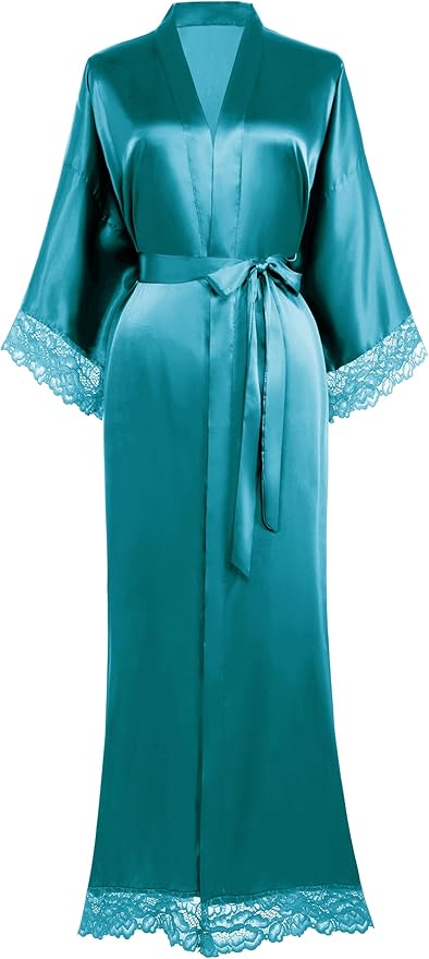 BABEYOND Satin Kimono Robe Silky Long Bridesmaid Wedding Lightweight Bath Robe with Lace Trim